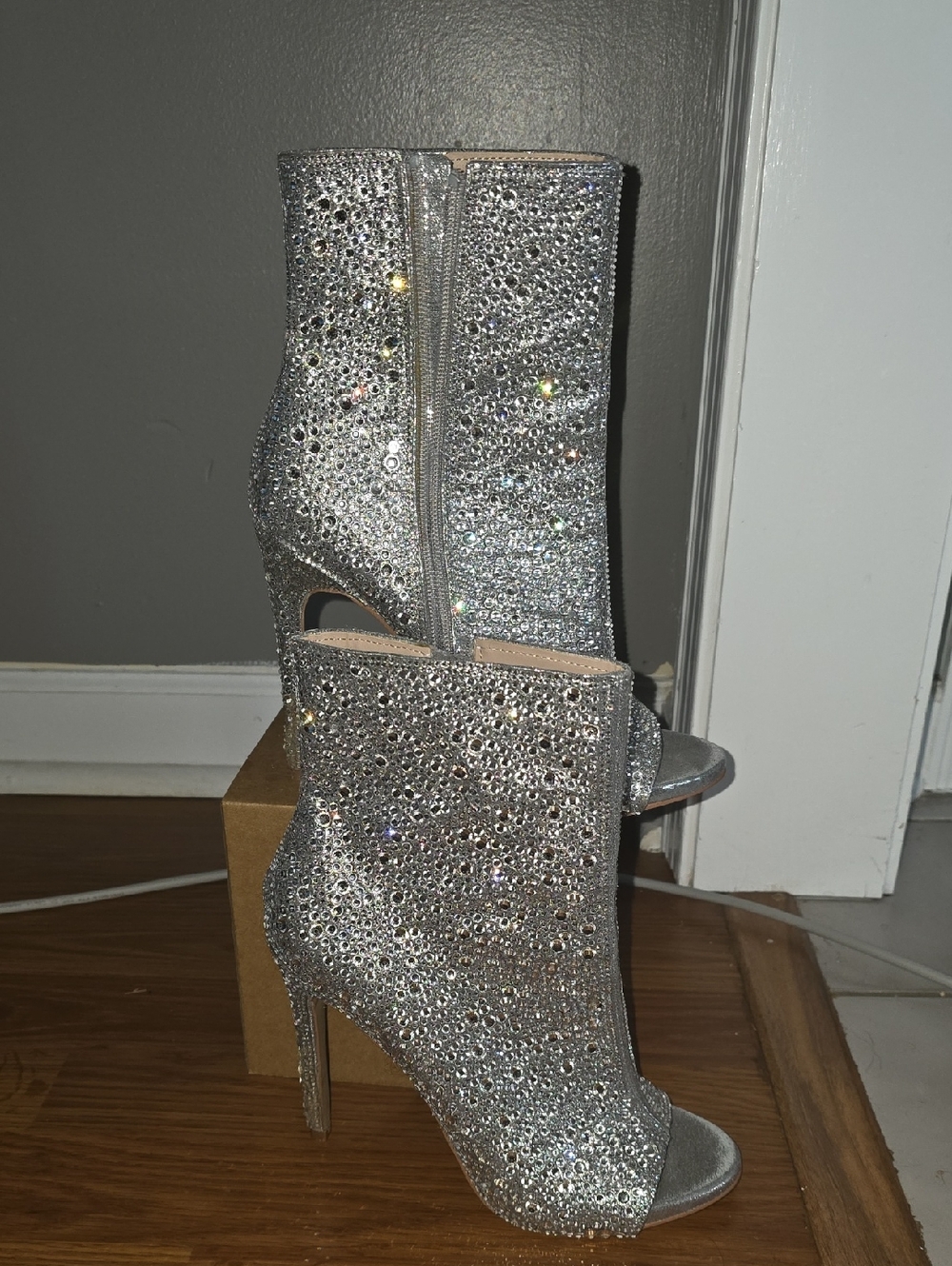 Steve Madden Silver Crystal Peep-Toe Stiletto Booties
